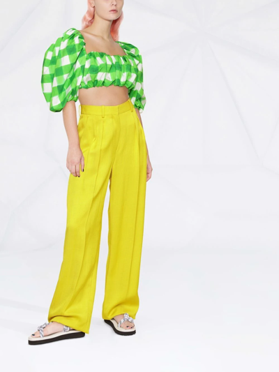 Shop Msgm Puff-sleeved Gingham Crop Top In Green