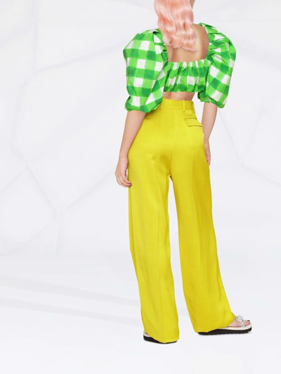 Shop Msgm Puff-sleeved Gingham Crop Top In Green