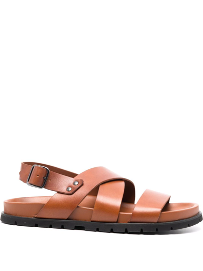 Shop Apc Cross-strap Leather Sandals In Braun