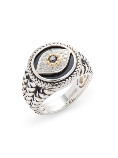 Shop Effy Men's 14k Yellow Gold, Sterling Silver, Onyx, 0.32 Tcw White & Black Diamond Statement Ring