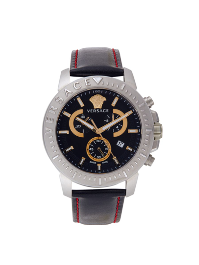 Shop Versace Men's 45mm Stainless Steel & Leather Strap Chronograph Watch In Black