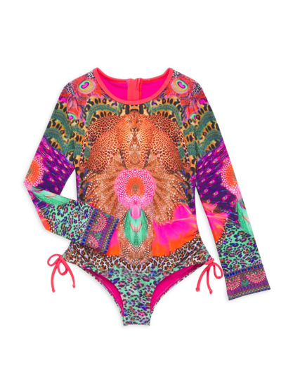 Shop Camilla Little Girl's & Girl's Ruched Long-sleeve One-piece Swimsuit In Xanadu Rising