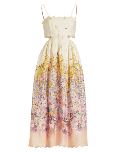 Shop Zimmermann Women's Jude Scalloped Cut-out Linen Midi-dress In Peach Gradient Floral