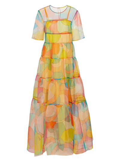 Shop Staud Hyacinth Tiered Abstract-print Maxi Dress In Citrus Kaleidoscope
