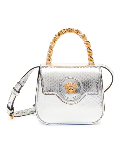 Shop Versace Women's Mini La Medusa Metallic Python Top Handle Bag In Silver