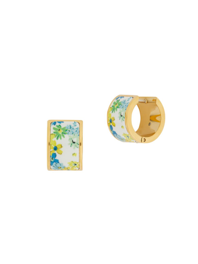 Shop Kate Spade Goldtone & Floral Enamel Huggie Hoop Earrings In Blue