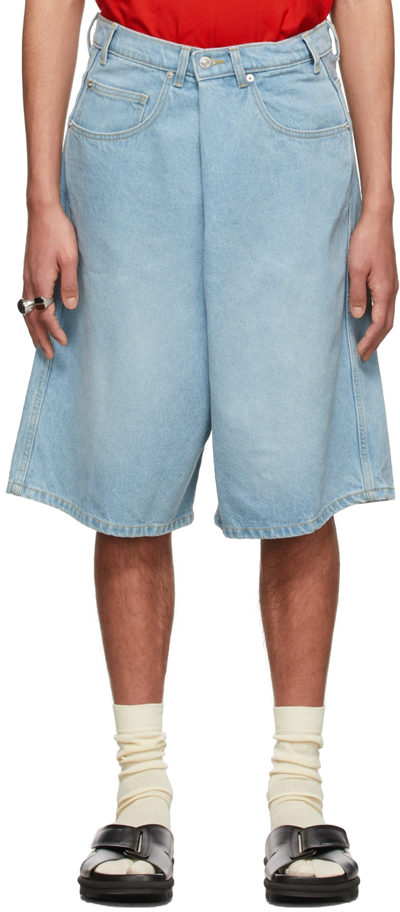 Shop Lu'u Dan Ssense Exclusive Blue Denim Pleat Shorts In Washed Denim