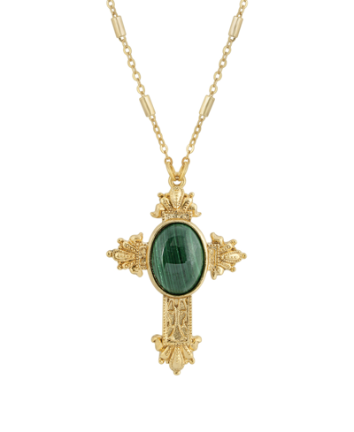 Shop Symbols Of Faith 14k Gold Dipped Oval Semi Precious Genuine Green Malachite Cross 28" Necklace