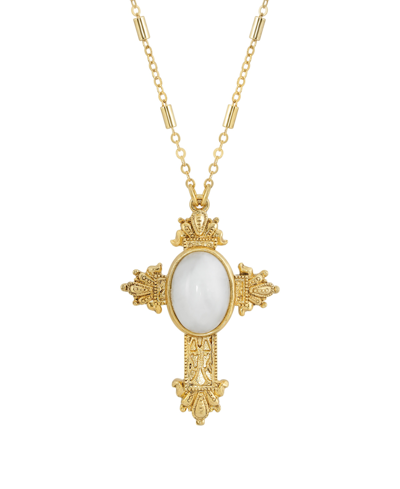 Shop Symbols Of Faith 14k Gold Dipped Oval Semi Precious Genuine White Quartz Cross 28" Necklace