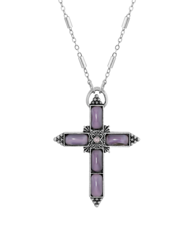Symbols Of Faith Silver-tone Purple Moonstone Purple Crystal Cross 20" Necklace In Purple