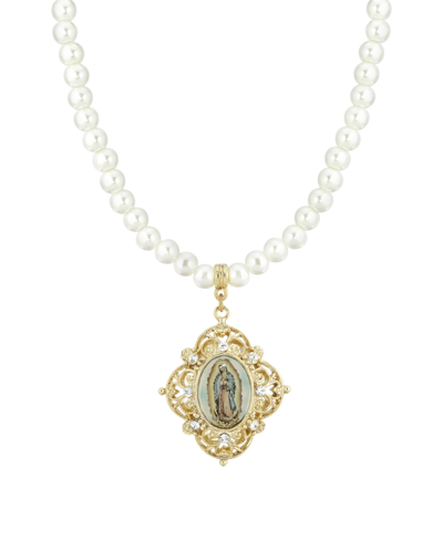 Shop Symbols Of Faith Gold-tone Imitation Pearl Strandage Mary Decal Pendant 15" Adjustable Necklace In White