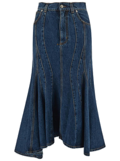 Shop Alexander Mcqueen Logo Patch Denim Midi Skirt In Blue