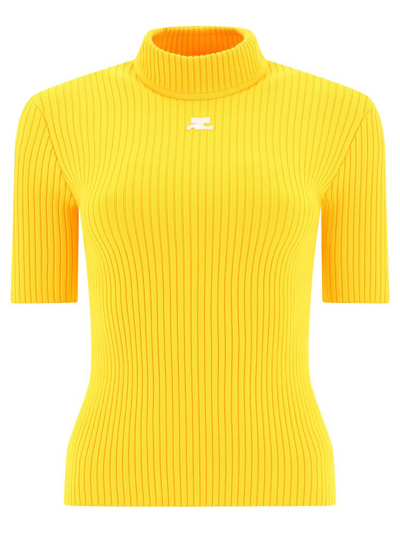 Shop Courrèges Logo Patch High Neck Knitted Top In Yellow