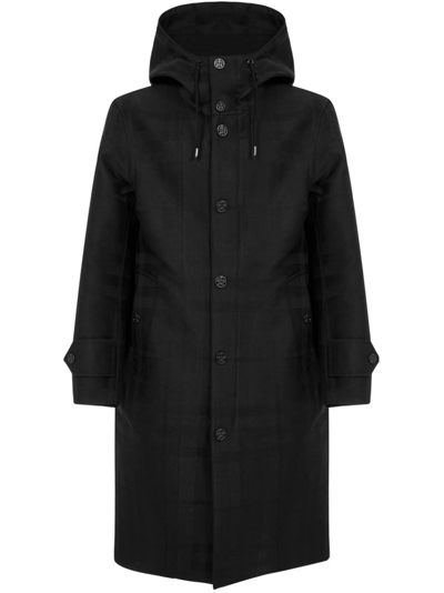 Shop Burberry Globe Check Hooded Coat In Black