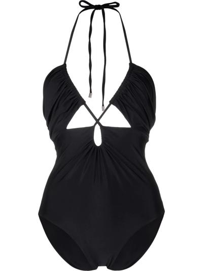 Shop Self-portrait Halterneck Cut-out Swimsuit In Schwarz