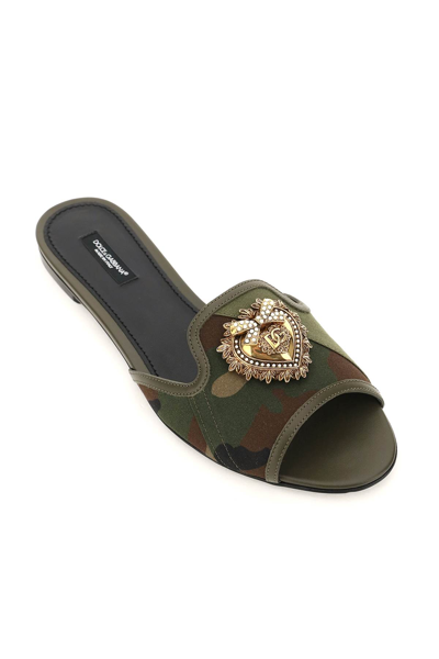 Shop Dolce & Gabbana Devotion Sliders In Camouflage Patchwork In Green,brown