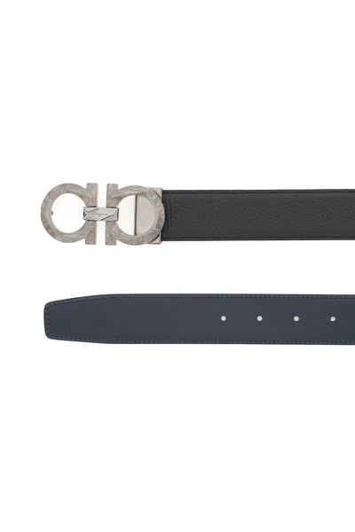 Shop Ferragamo Reversible Leather Belt With Gancini Logo In Black,blue