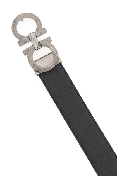 Shop Ferragamo Reversible Leather Belt With Gancini Logo In Black,blue