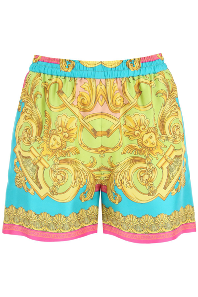 Shop Versace Barocco Goddess Silk Shorts In Gold,green,fuchsia