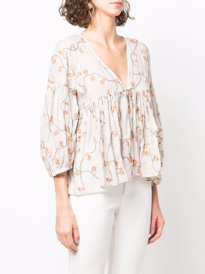 Alysi Embroidered Flounce Smock Top In Grau