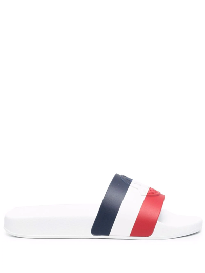 Shop Moncler Striped Embossed-logo Slides In Weiss