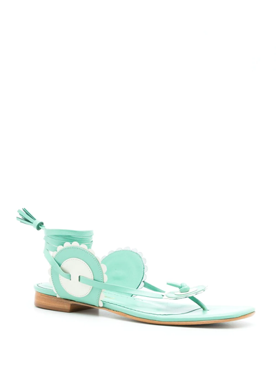 Sarah Chofakian Leather Blossom Flat Sandals In Green