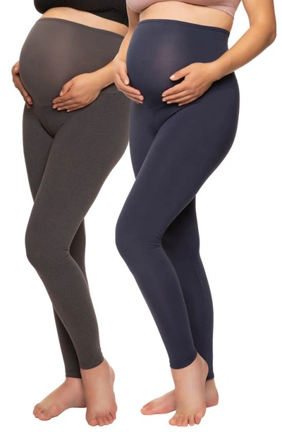 Shop Felina 2-pack Maternity Leggings In Charcoal Heather/ Navy