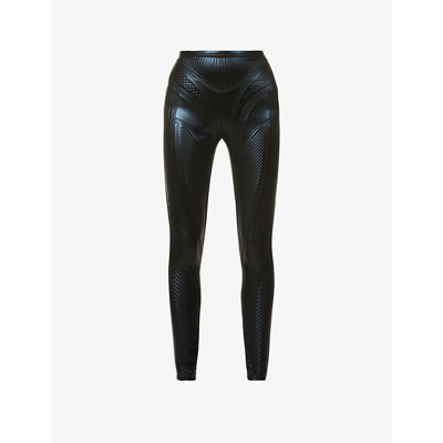 Shop Mugler Shiny Stripe-embroidered Skinny High-rise Faux-leather Trousers In Black