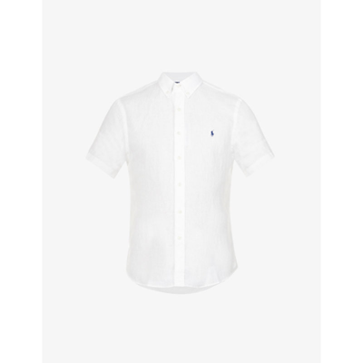 Shop Polo Ralph Lauren Logo-embroidered Slim-fit Linen Shirt In White
