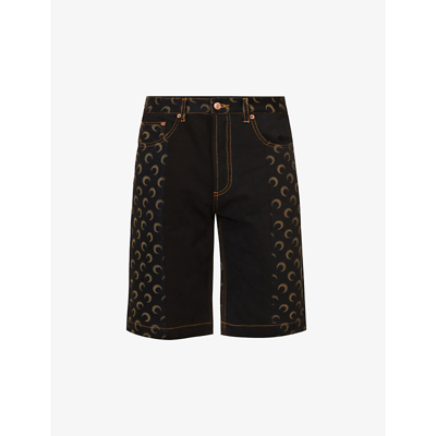 Shop Marine Serre Moon-pattern Mid-rise Denim Shorts In Black