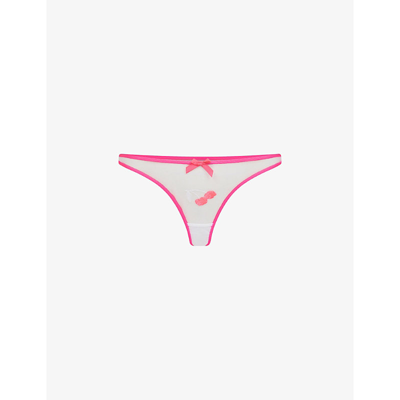 Shop Agent Provocateur Donnie Cherry-embroidered High-rise Mesh Thong In Pink/white