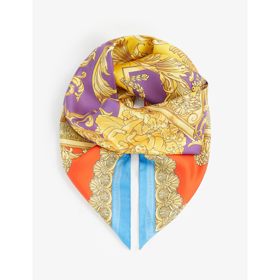 Shop Versace Baroque-print Square Silk Scarf In Dark Orchid/sun