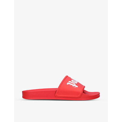 Shop Palm Angels Mens Red Logo-print Rubber Pool Sliders