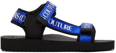 Shop Versace Jeans Couture Black & Blue Fondo Strap Sandals In Ele6 Black/bluebell