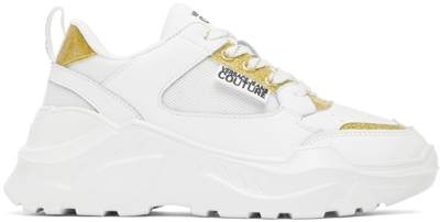 Shop Versace Jeans Couture White Glitter Speedtrack Sneakers In Eg03 White/gold