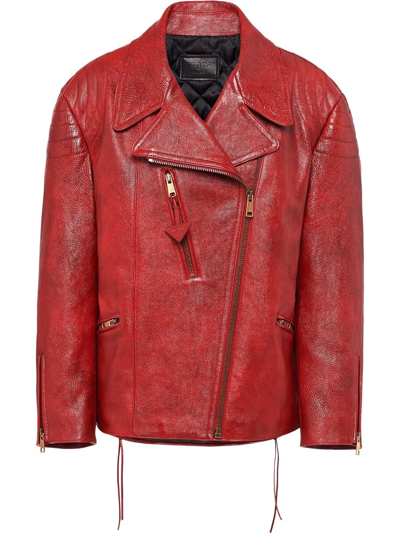 Shop Prada Textured Zipped Biker Jacket In Red