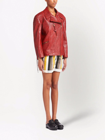 Shop Prada Textured Zipped Biker Jacket In Red