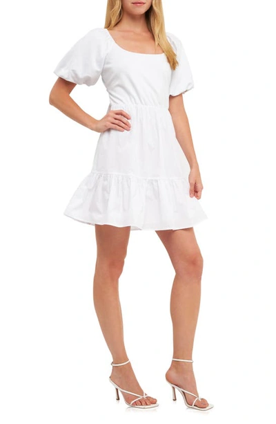 English Factory Mixed Media Puff Sleeve Back Bow Dress In White