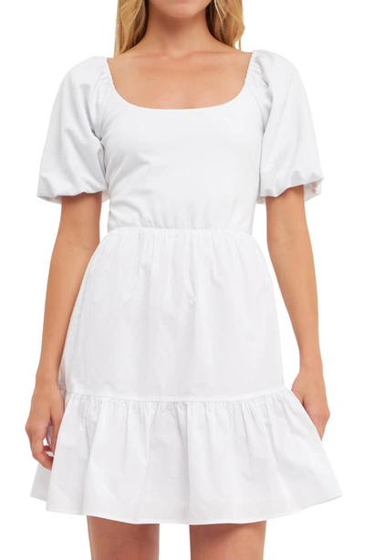English Factory Mixed Media Puff Sleeve Back Bow Dress In White