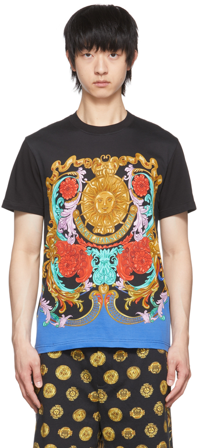 Shop Versace Jeans Couture Black Sun Flower Garland T-shirt In Eg89 Black + Gold