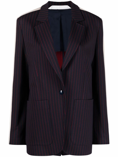 Shop Palm Angels Blue Pinstriped Single Breasted Blazer With Side Stripe Detail