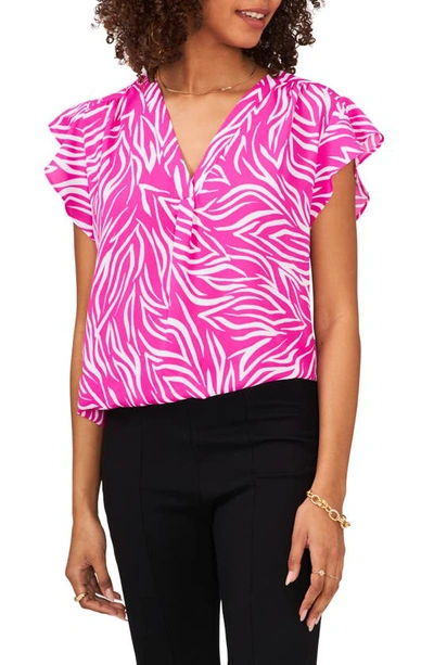 Shop Chaus Print Flutter Sleeve Blouse In Fuchsia/ White