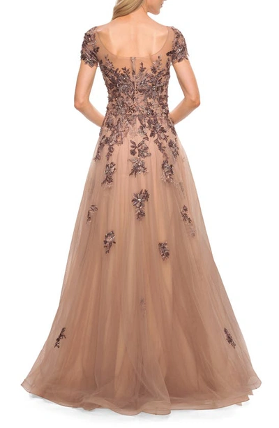 Shop La Femme Floral Embroidered Ballgown In Cocoa