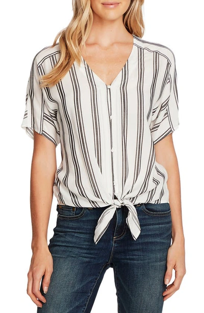 Shop Vince Camuto Stripe Tie Front Short Sleeve Top In Rich Black