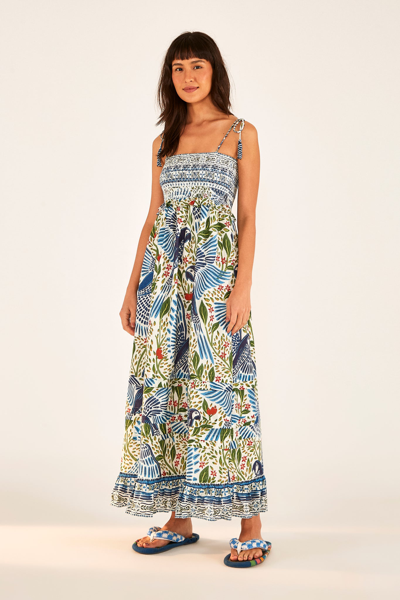 Farm Rio Macaw Flight Smocked Tiered Hem Cotton Dress In Off-white Macaw Flight