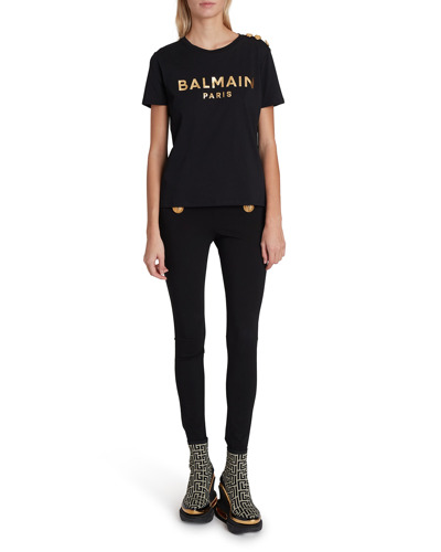 Shop Balmain 3-button Metallic Logo T-shirt In Black/gold