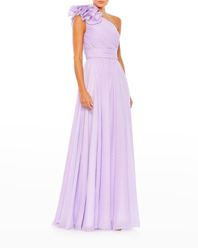 Shop Mac Duggal Polka-dot Chiffon One-shoulder Gown In Lilac