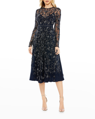 Shop Mac Duggal Floral Beaded Lace Midi Dress In Navy