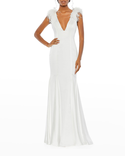 Shop Mac Duggal Feather-embellished Deep V-neck Gown In White