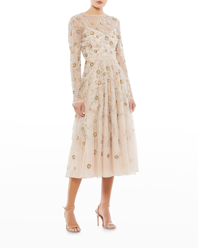 Shop Mac Duggal Floral Beaded Lace Midi Dress In Nude